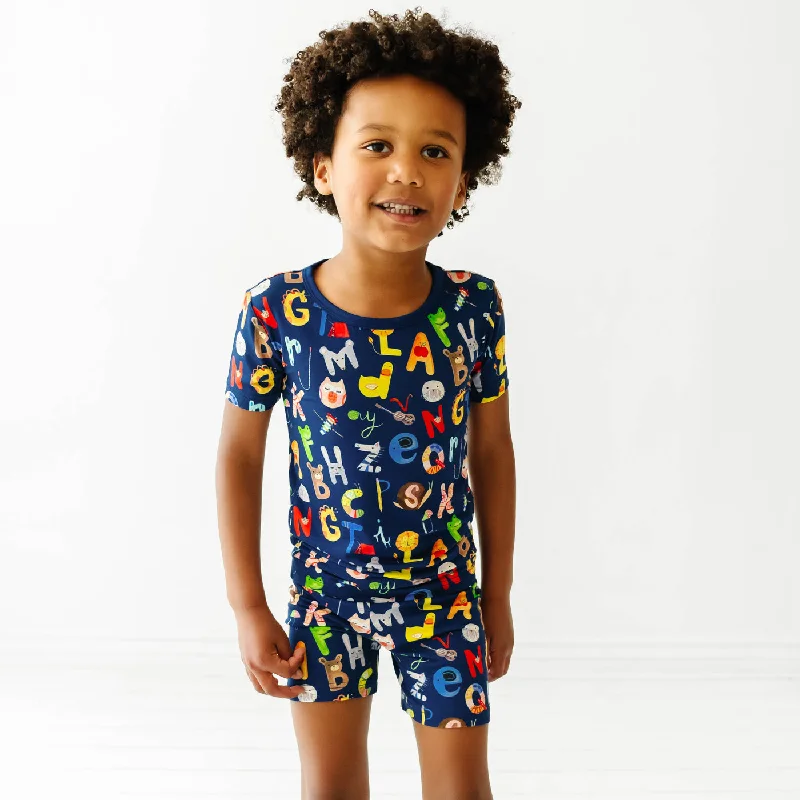 Navy Alphabet Friends Two-Piece Short Sleeve & Shorts Pajama Set