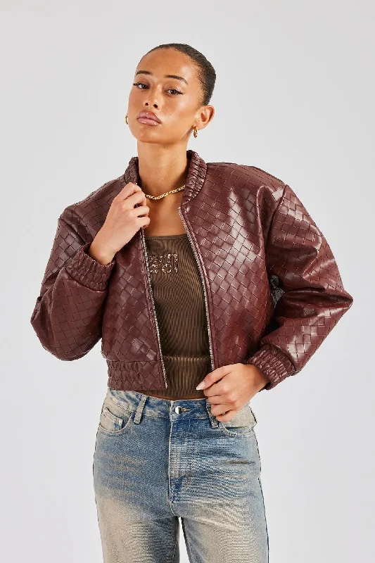 PU Lattice Bomber Jacket - Chocolate