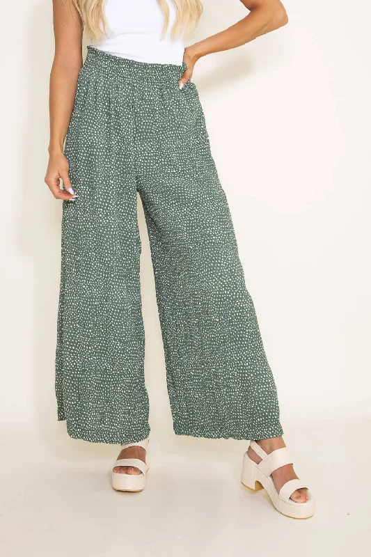 Dotted Smocked Waist Wide Leg Pants for Women in Green | NP70125-GREENDOTTED