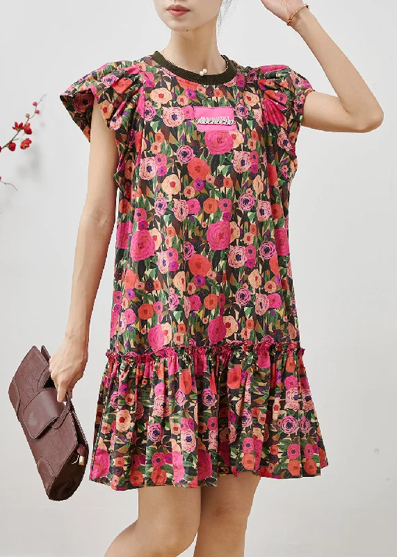 French Rose Floral Cotton Mini Dresses Petal Sleeve