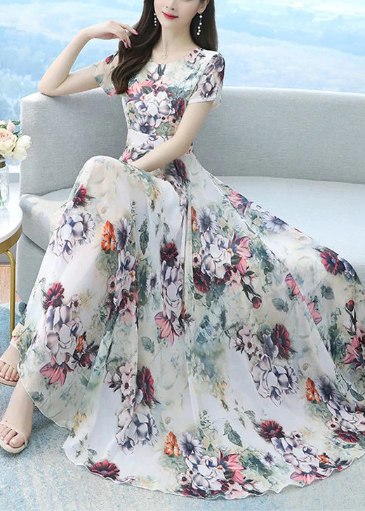 Beautiful White Print Exra Large Hem Chiffon Vacation Dresses Summer