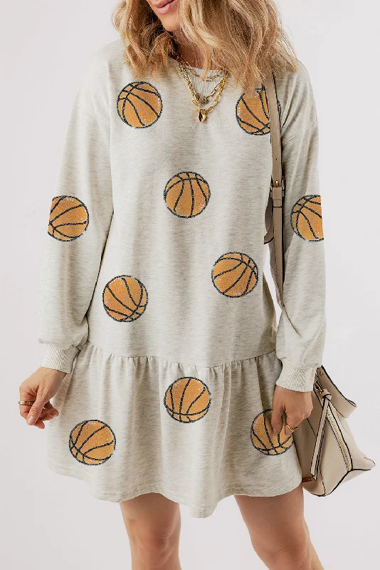 White Sequin Basketball Graphic Ruffle Long Sleeve Dress