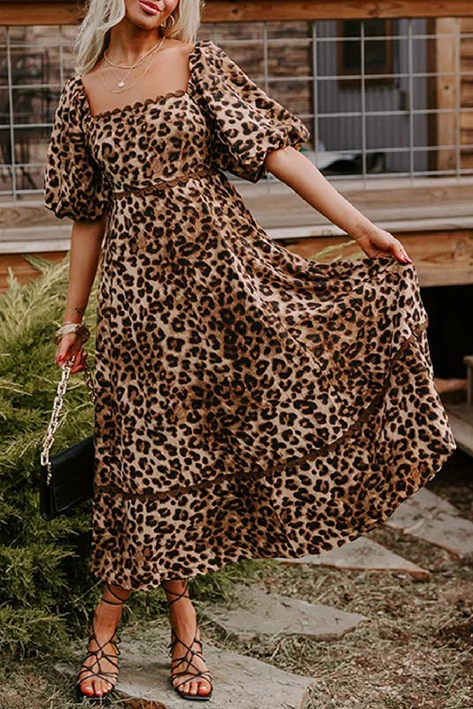 Brown Leopard Print Bubble Sleeve Ricrac Maxi Dress