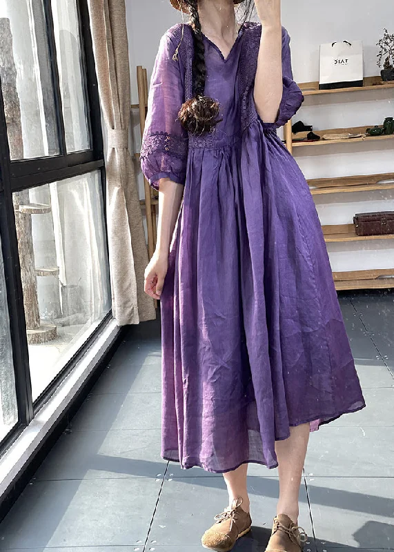 Unique Purple V Neck Lace Pockets Patchwork Cotton Dresses Summer