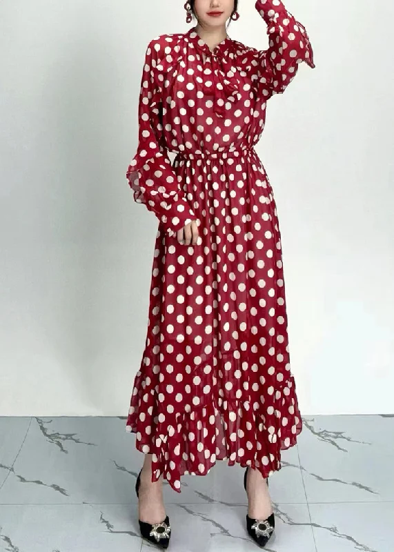 Organic Red Dot Print Ruffled Chiffon Dresses Long Sleeve