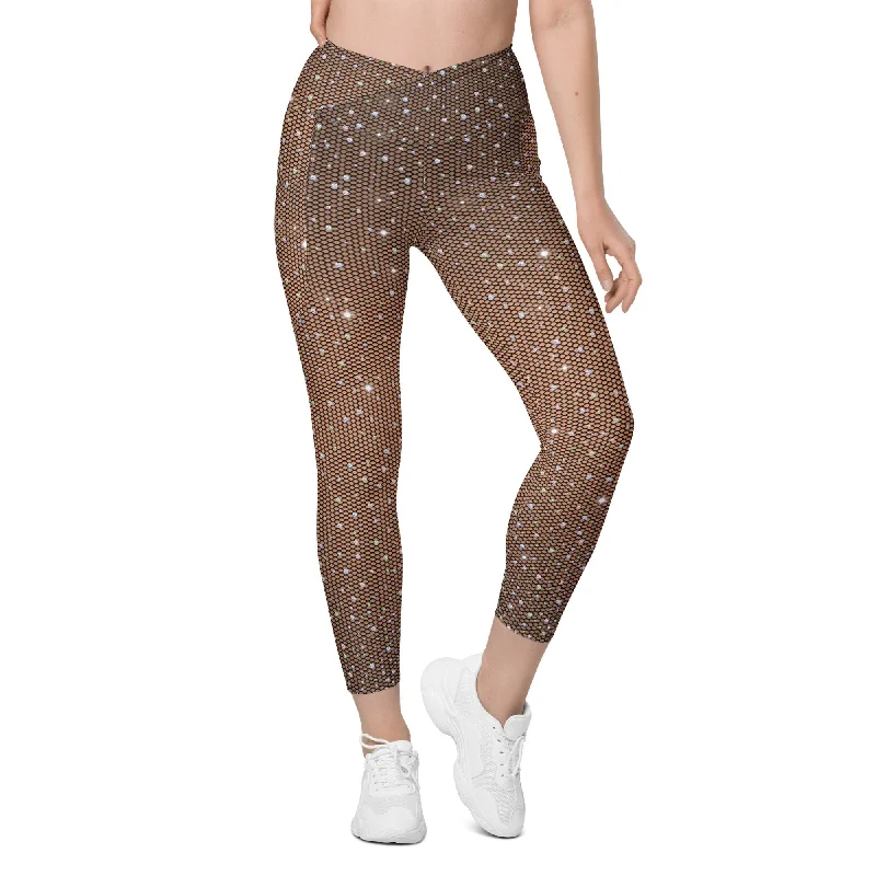 Sparkle Fishnet Print Crossover Leggings With Pockets