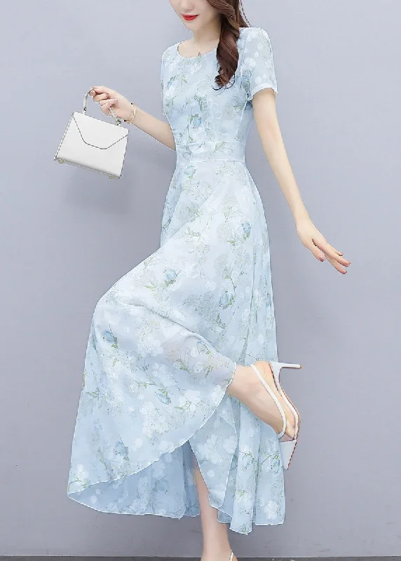 Women Light Blue Print Silm Fit Chiffon Long Dresses Summer