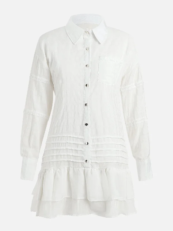 Monaco Pleated Metallic Shirt Dress (White)