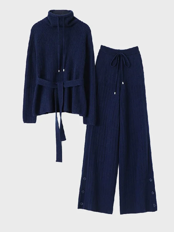 Turtleneck Lace-Up Sweater & Wide Leg Drawstring Pants Two-Piece Set (Navy Blue)