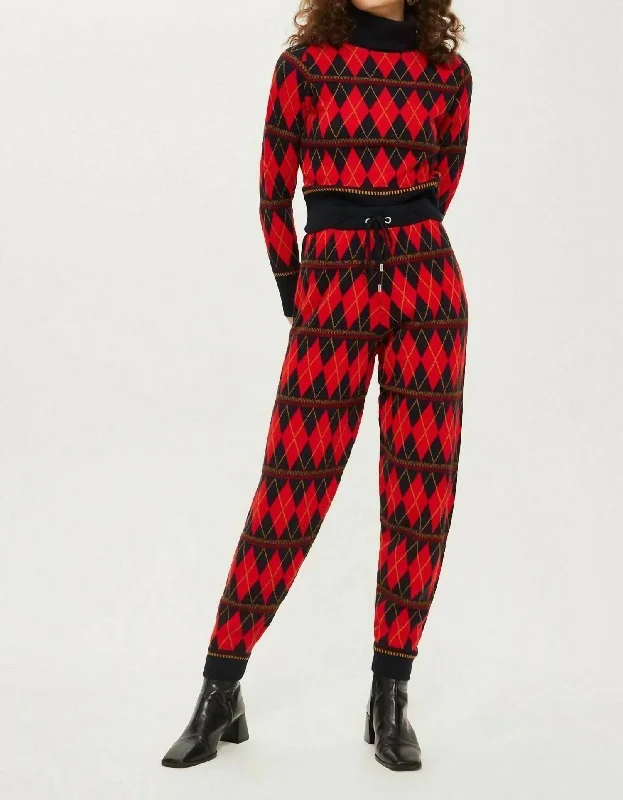 Argyle Print Knitted Jogger Pants In Red