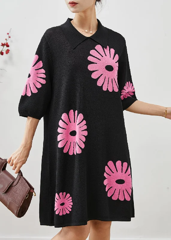 French Black Peter Pan Collar Floral Cotton Mid Dresses Summer