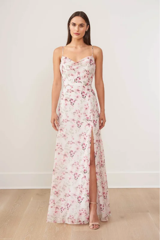 Jasmine B263010 Drape Neck Bridesmaid Dress | Ivory/Garden Print