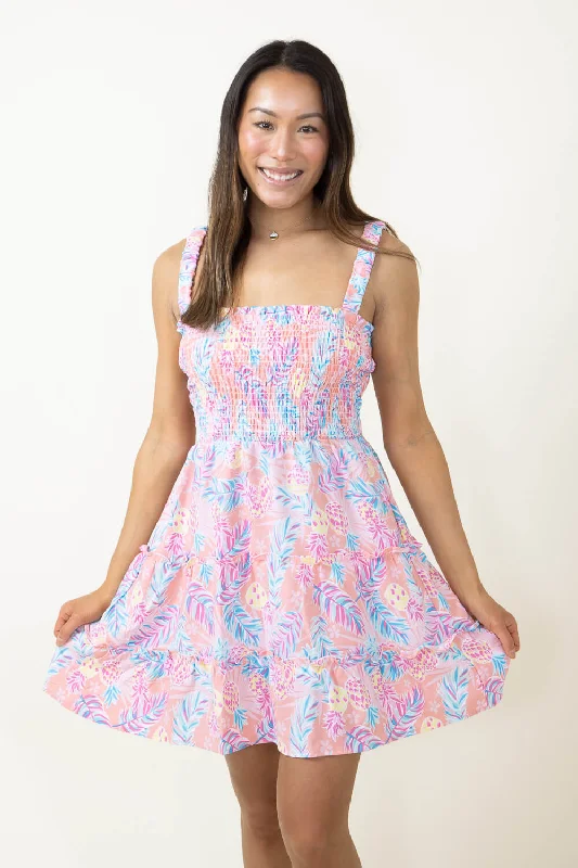 Simply Southern Tank Shirred Chest Dress for Women in Pink Pineapple | PP-0124-DRS-TANK-PINE