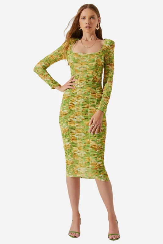 ASTR The Label Yelina Ruched Long Sleeve Midi Dress in Lime Yellow