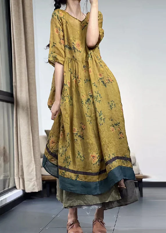 Yellow Print Linen Robe Dresses Exra Large Hem Summer