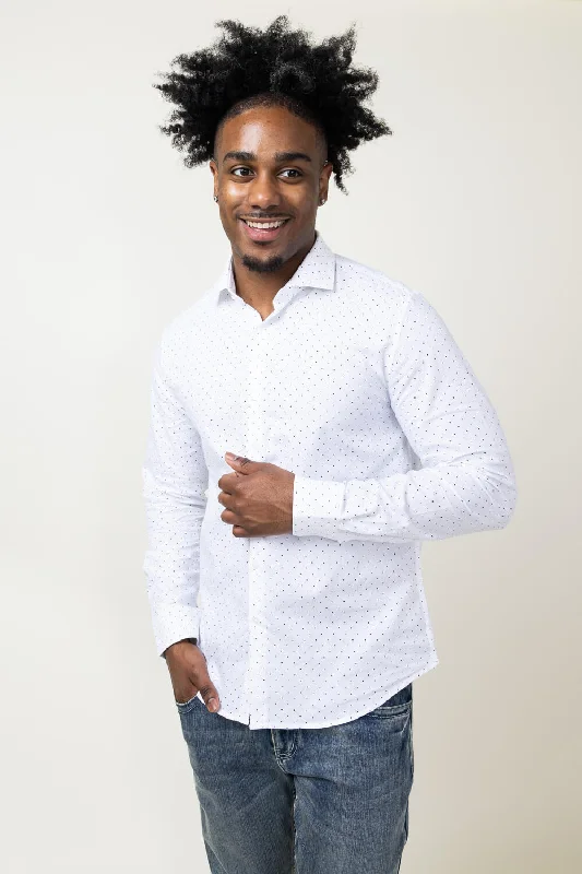 Denim & Flower Dobby Dots Long Sleeve Shirt for Men in White | CWL-4038-WHITEBLACKDOT