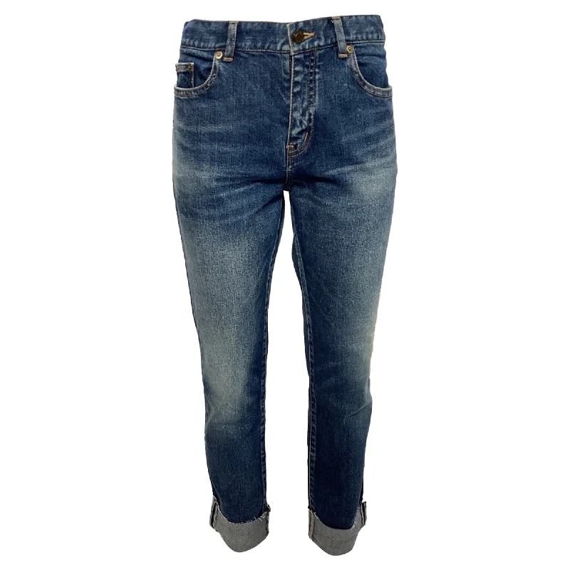 Saint Laurent Washed Jeans Folded Hem in Blue Cotton