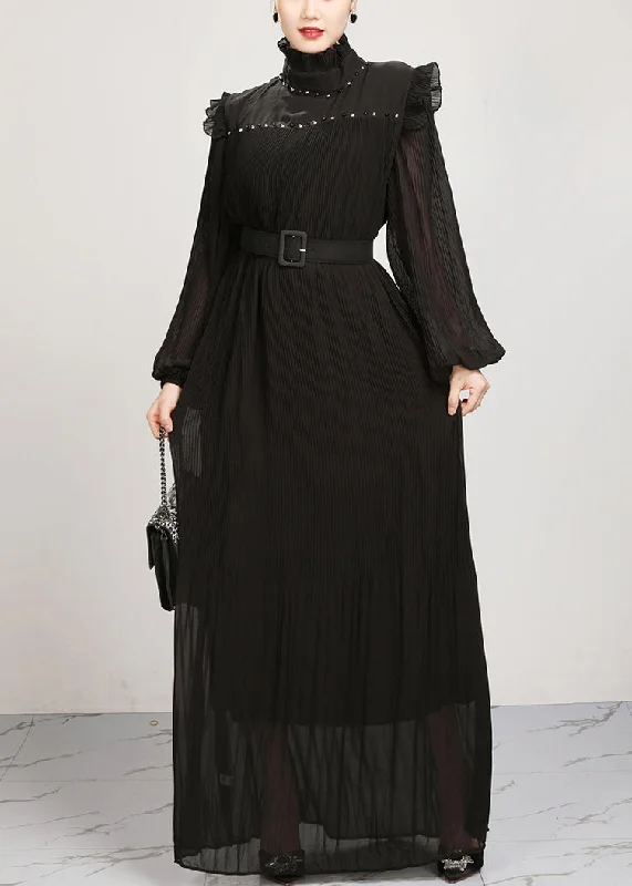 French Black Ruffled Solid Chiffon Maxi Dresses Fall