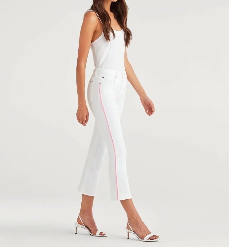 High Rise Flare Crop Piping Jeans In White, Pink