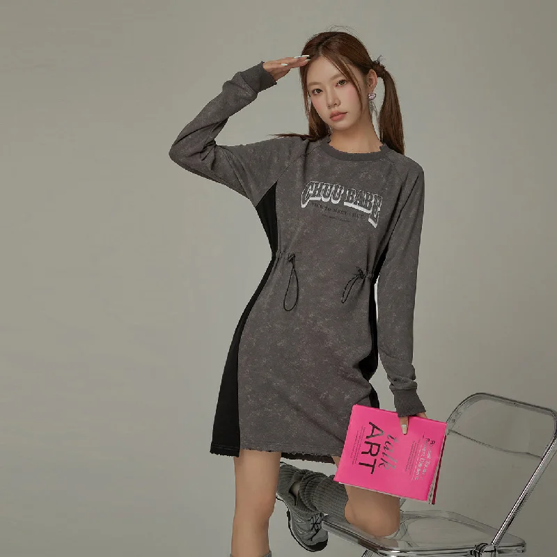 String Two Toned Logo Long Sleeve Dress