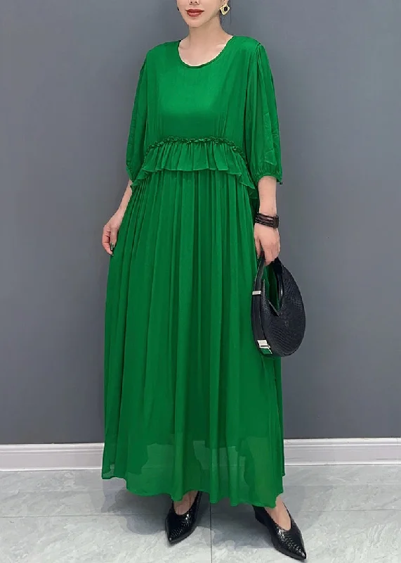 Handmade Green O-Neck Ruffled Wrinkled Vacation Chiffon Maxi Dresses Lantern Sleeve