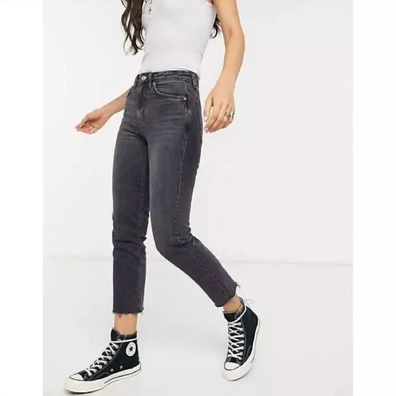 Moto High Waist Raw Hem Straight Leg Jeans In Grey