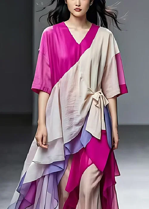 Art Colorblock Asymmetrical Patchwork Cotton Robe Dresses Summer