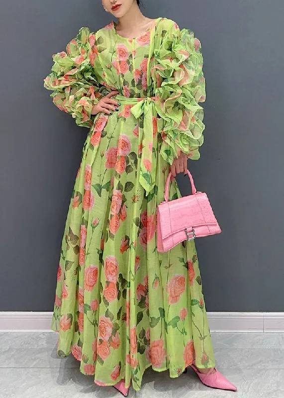 Novelty Green Ruffled Print Chiffon Dresses Long Sleeve