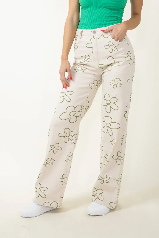 Bailey Rose Wide Leg Floral Printed Pants for Women in Olive | BRP1137GS-OLIVE