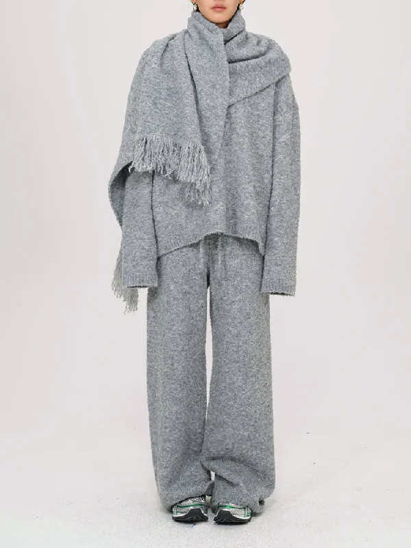 Wool Knitted V-Neck Sweater With Scarf and Wie Leg Pants 3 Piece Suit