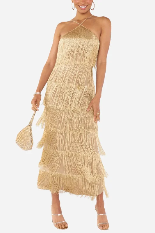 Show Me Your Mumu Gatsby Fringe Maxi Dress in Gold Rush