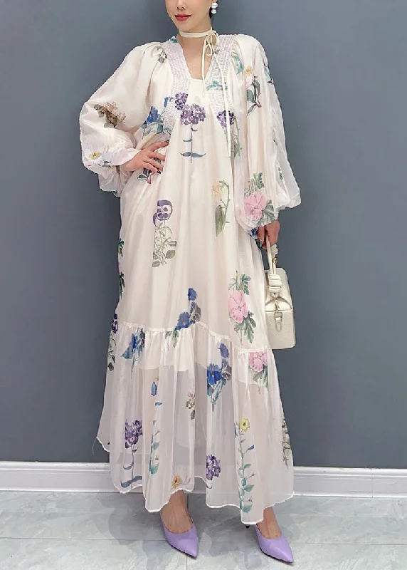 Bohemian White Print Chiffon Long Dresses Lantern Sleeve